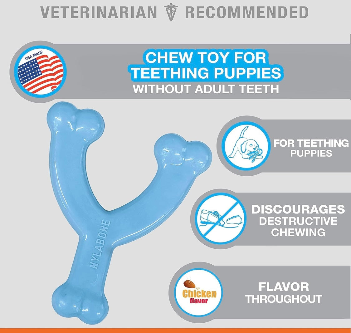 Nylabone Wishbone Puppy Chew Toy, Toys for Teething Puppies, Blue, Chicken Flavor, X-Small - Up to 15 lbs, 1 Count