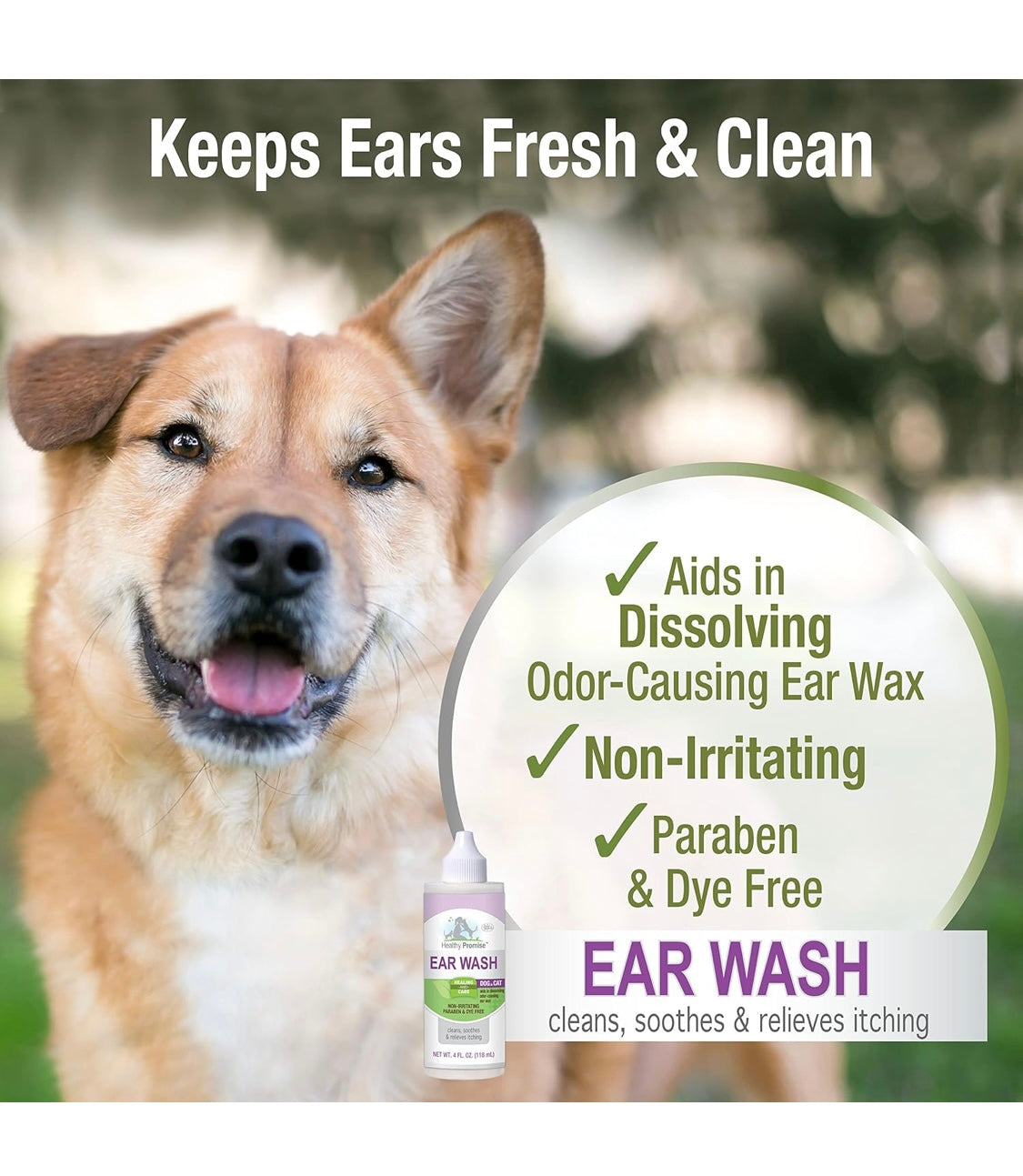 Four Paws Healthy Promise Grooming Soothing Pet Ear Wash Cleaner for Dogs and Cats, Odor Reducing & Itch Relief, 4 oz.