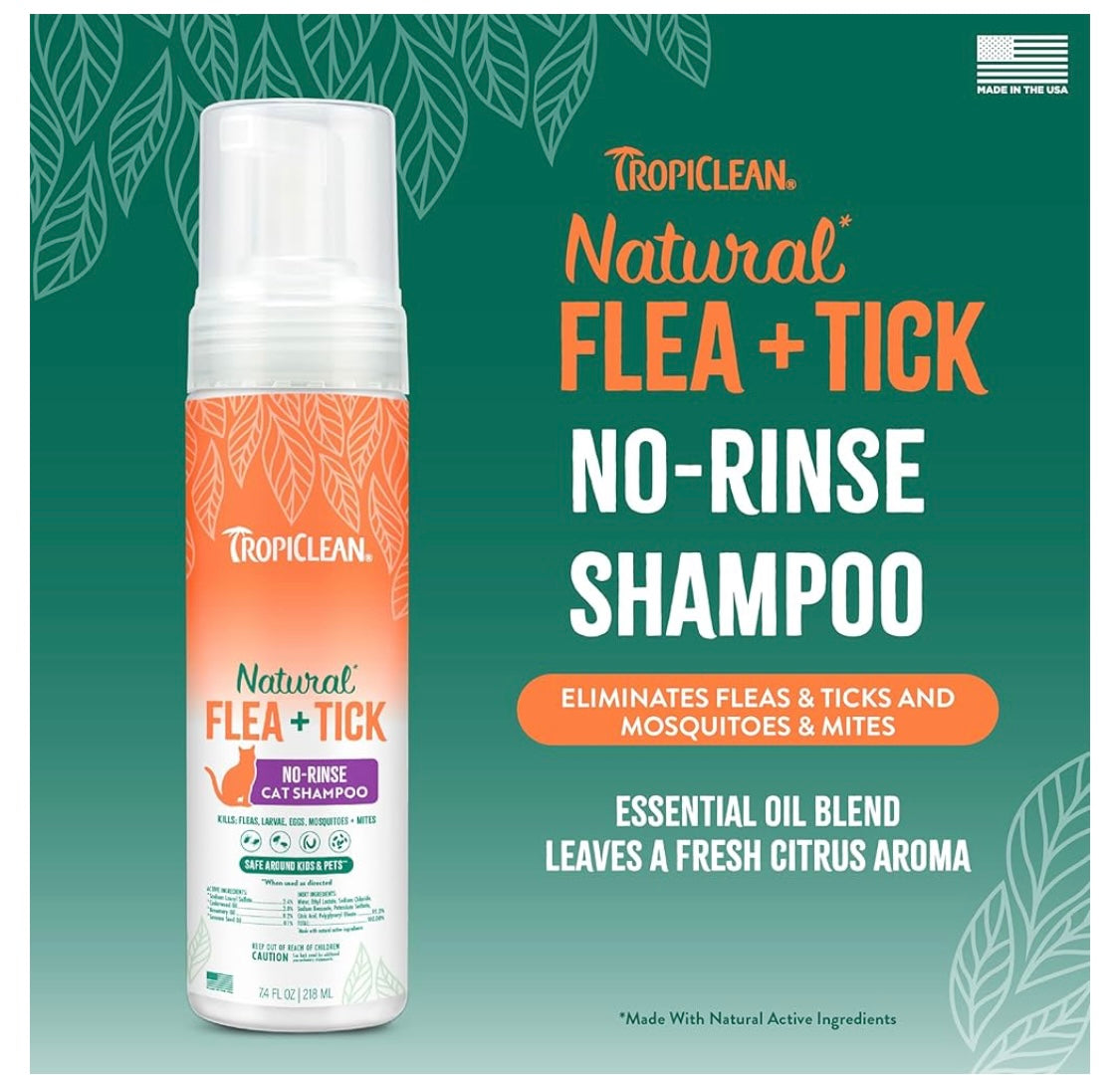 TropiClean Flea and Tick Waterless Shampoo Treatment for Cats, Powerful & Natural Defense, Flea and Tick Prevention for Cats, Made in USA, 7.4oz