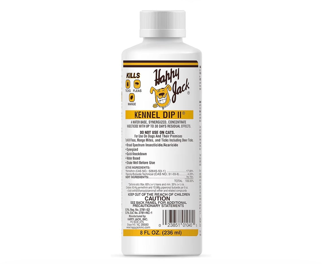 Happy Jack Kennel Dip Dog Flea and Tick Treatment & Prevention, Made in USA, Spray Yard & Home 30-Day Control, Kills Fleas, Ticks, Deer Ticks, Mange, Lice, for Puppies, Small to Large Dogs (8 oz)