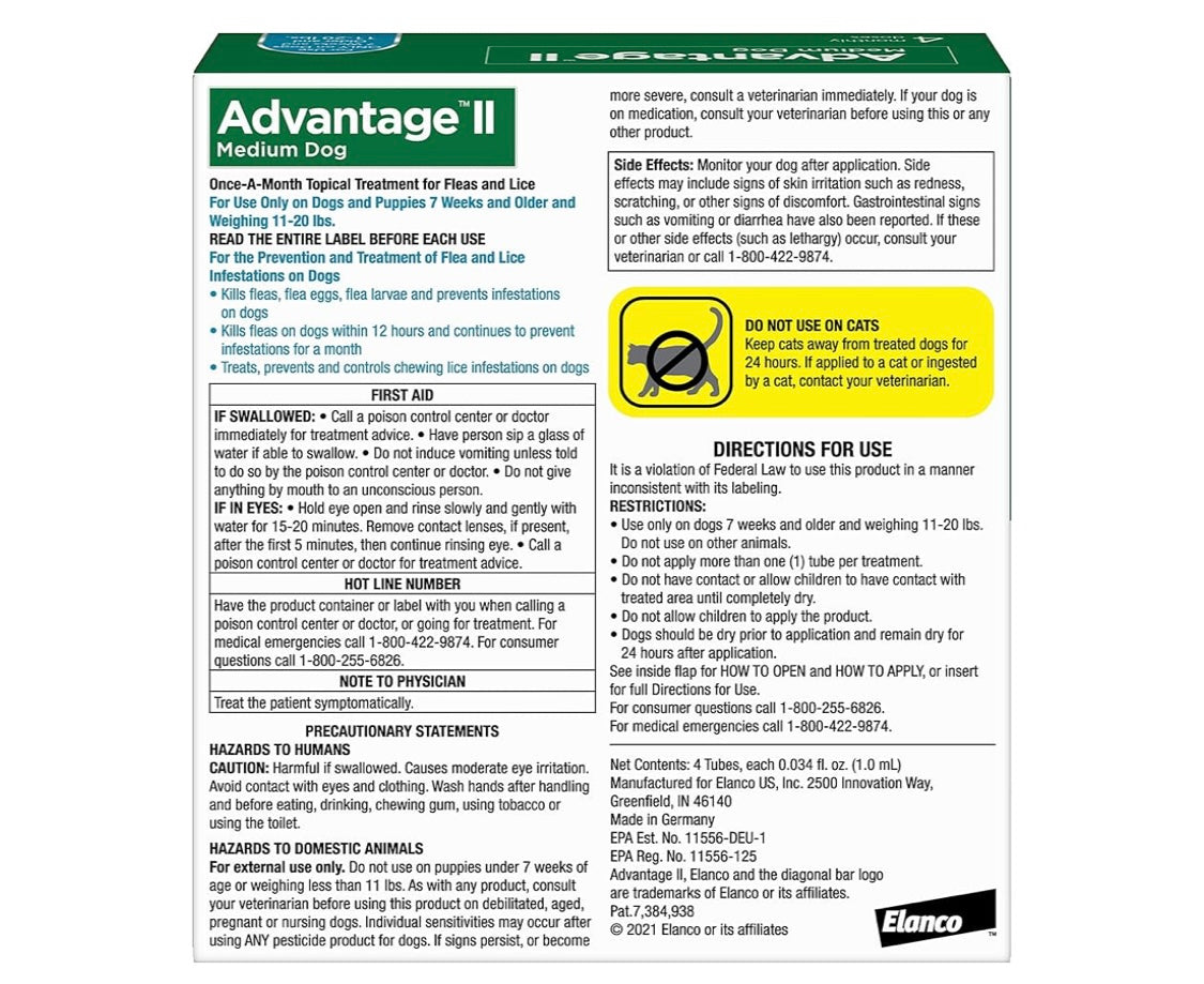 Advantage II Medium Dog Vet-Recommended Flea Treatment & Prevention | Dogs 11-20 lbs. | 4-Month Supply